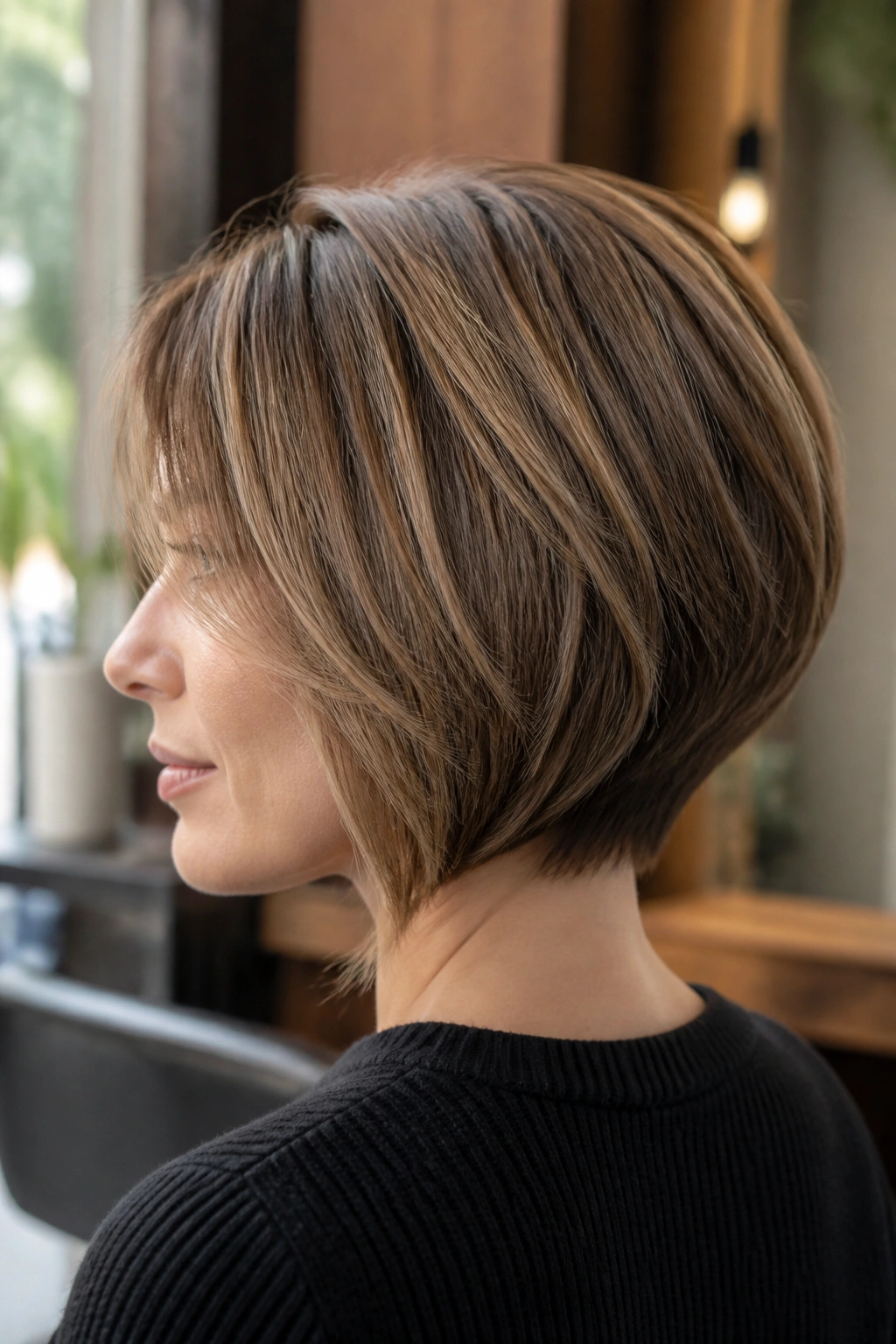 Close-up profile of a person with a graduated bob and hidden layers.