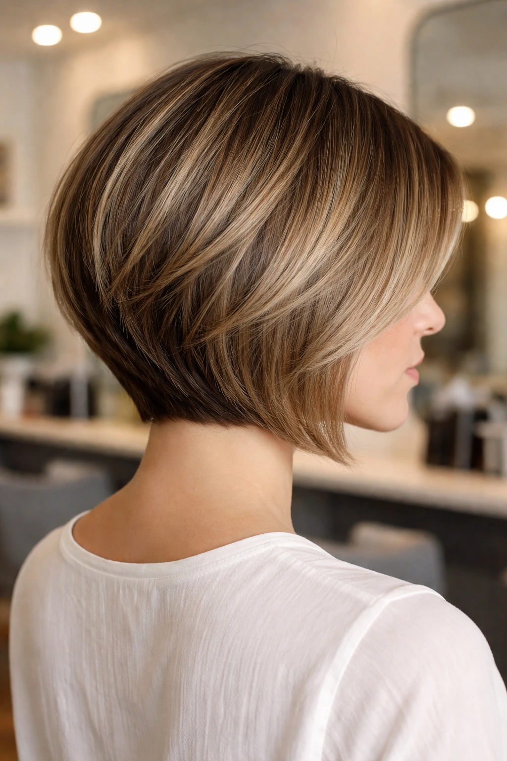Close-up portrait of a real woman with graduated bob and hidden underlayers