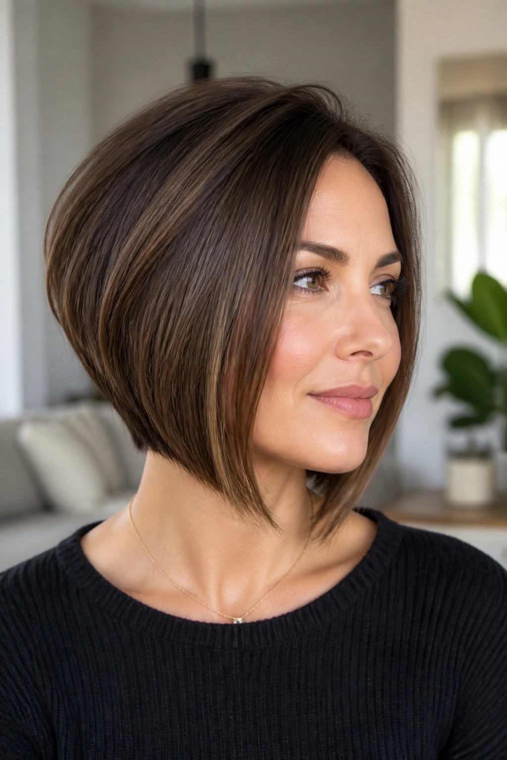 Close-up of a real woman with a graduated bob showing back-short and front-long shapes.