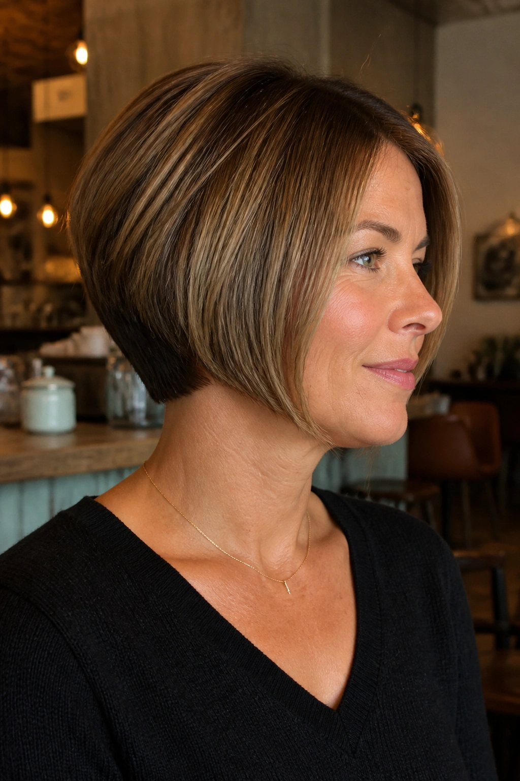 Three-quarter view of a woman with a graduated bob and a low nape.