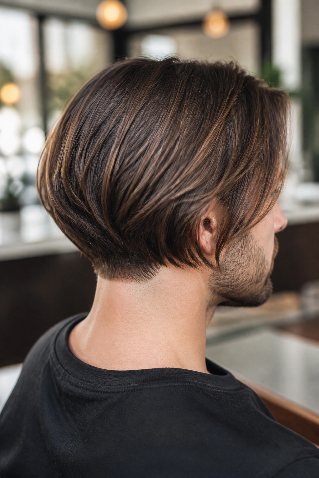 Profile view of a man with a graduated bob showing back stacking