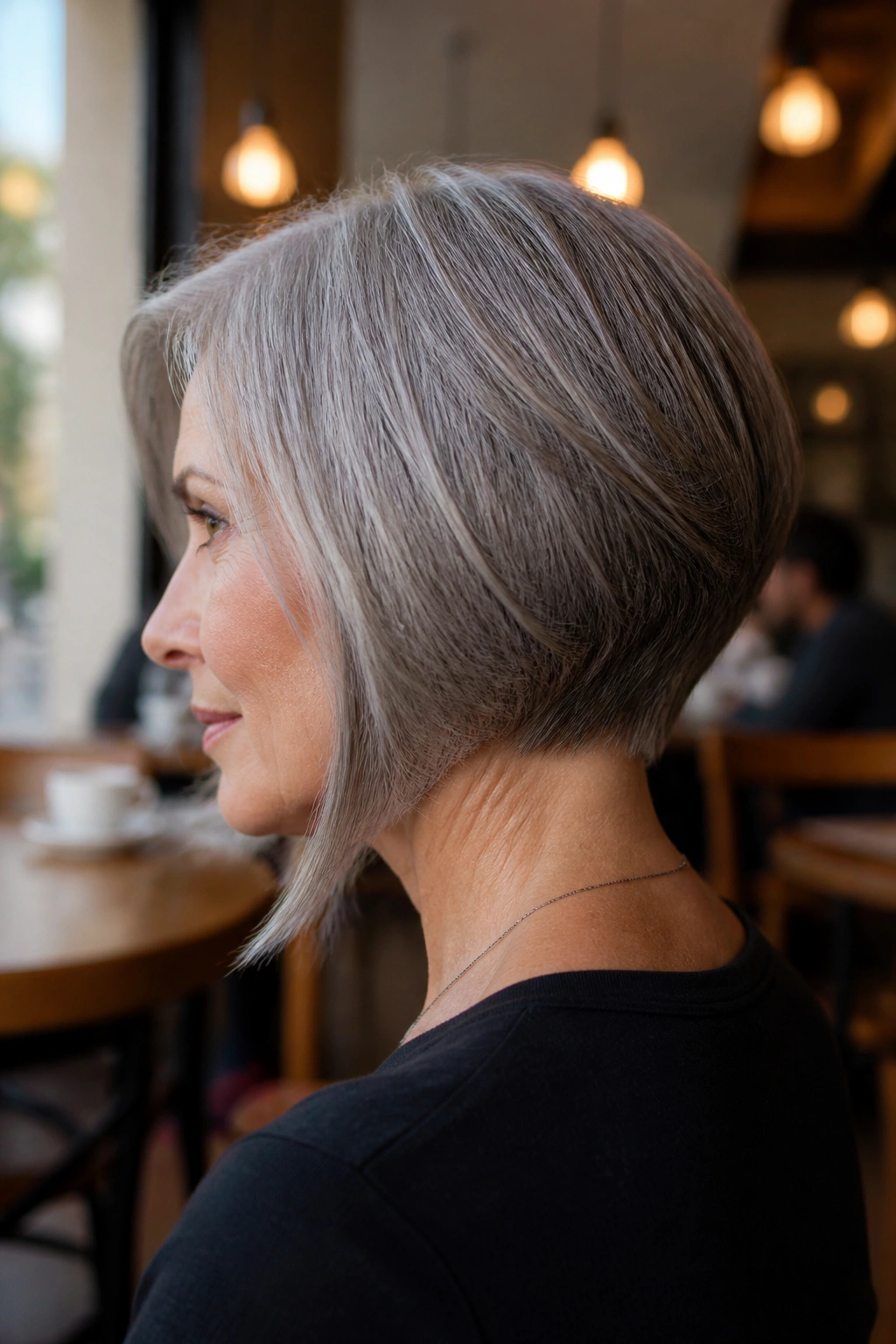 Side profile of a real woman with a graduated bob and nape lift