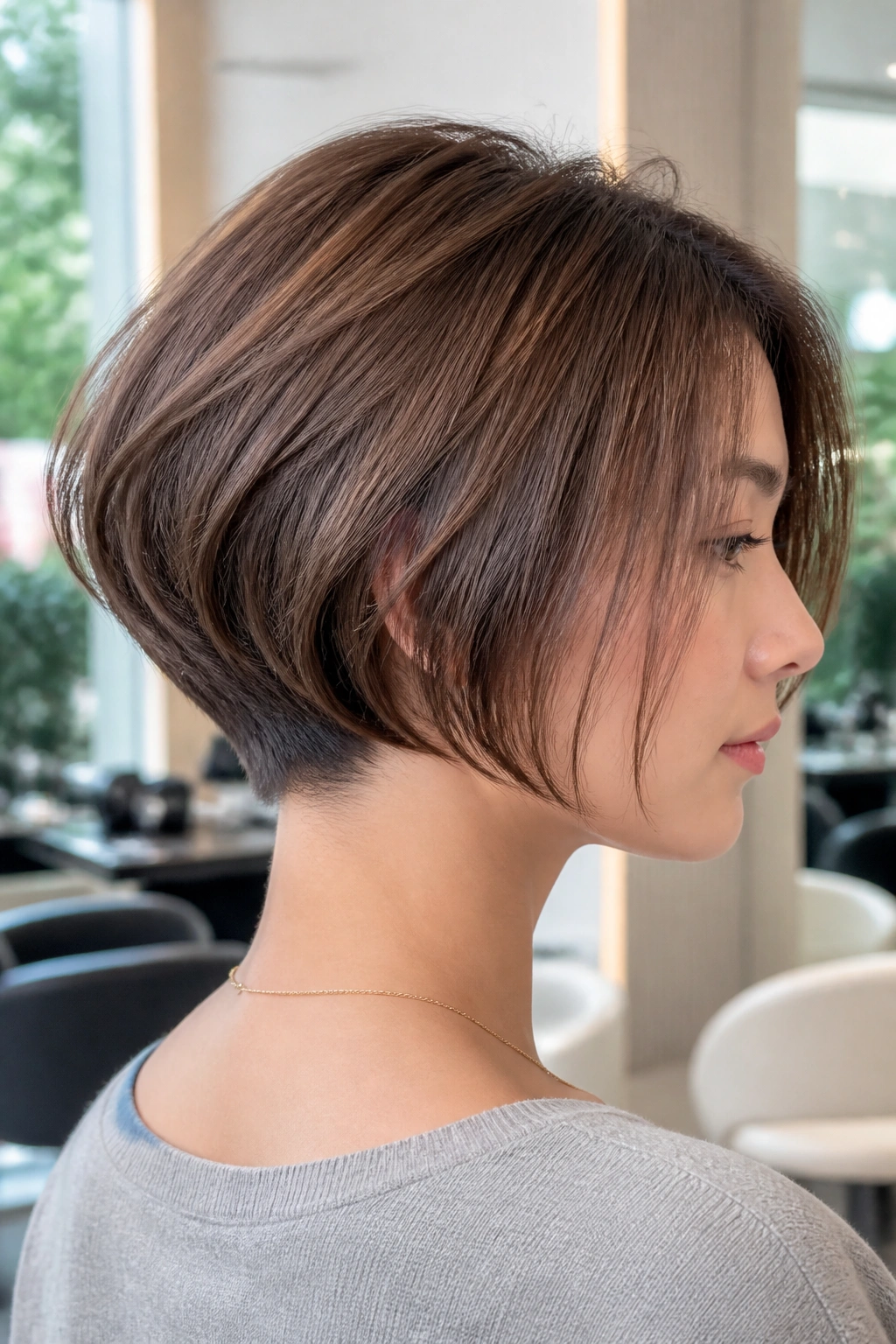 Graduated bob with a lifted nape on a real person, three-quarter view.