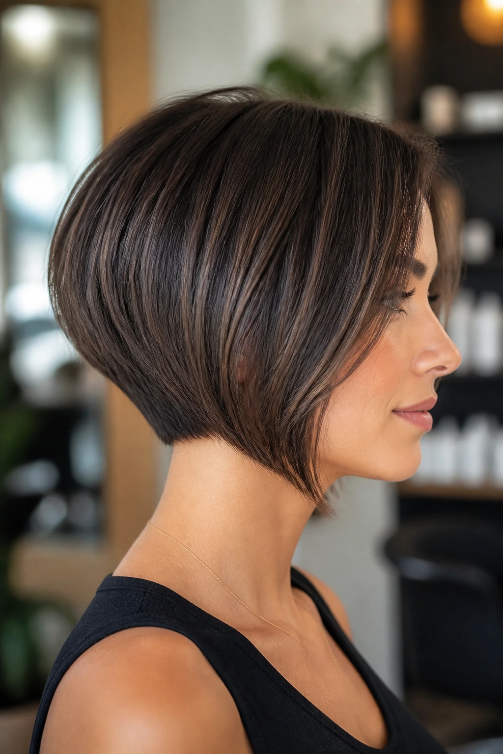 Portrait of a real person with a graduated bob and nape lift.