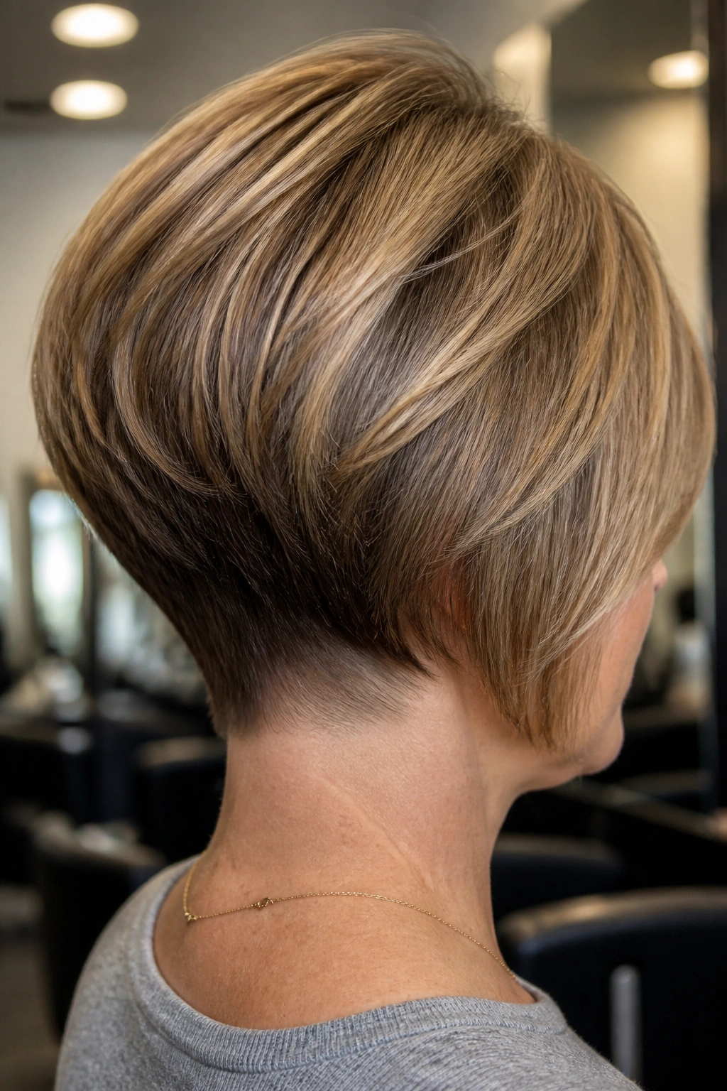 Back-and-side view of a real woman with a graduated bob and nape lift