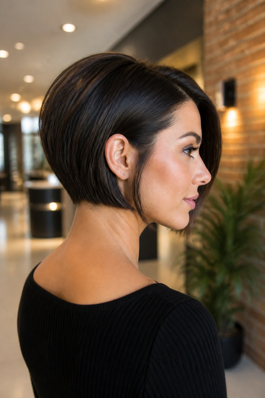 Portrait of woman with graduated bob showing tucked nape behind ear.
