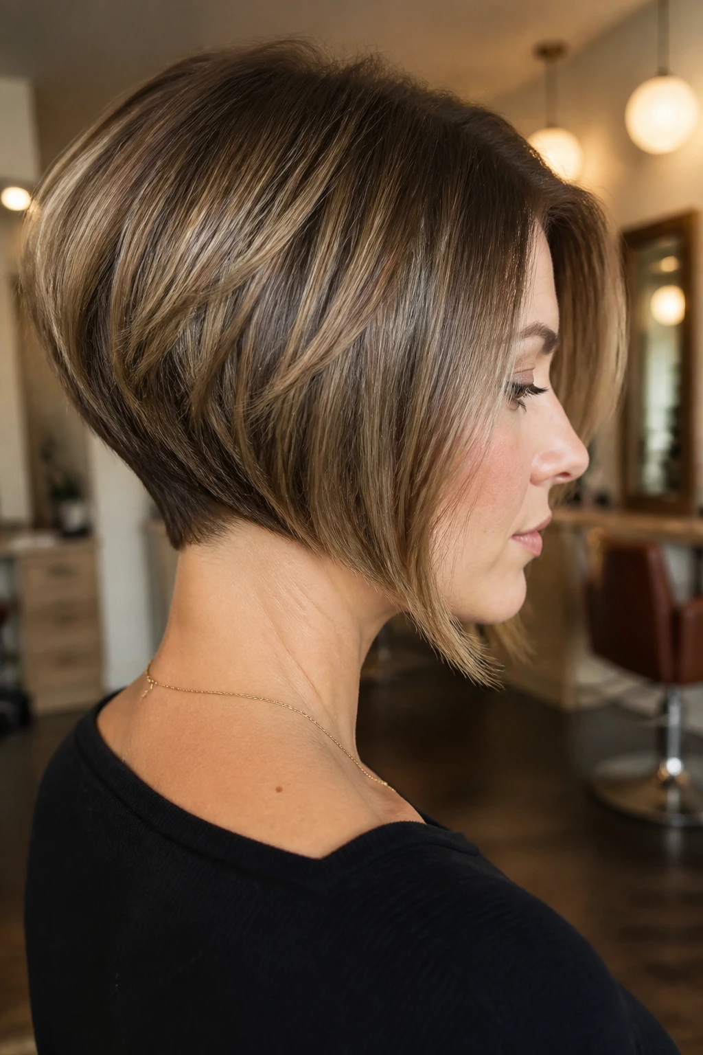 Three-quarter view of a real woman highlighting nape stack in a graduated bob