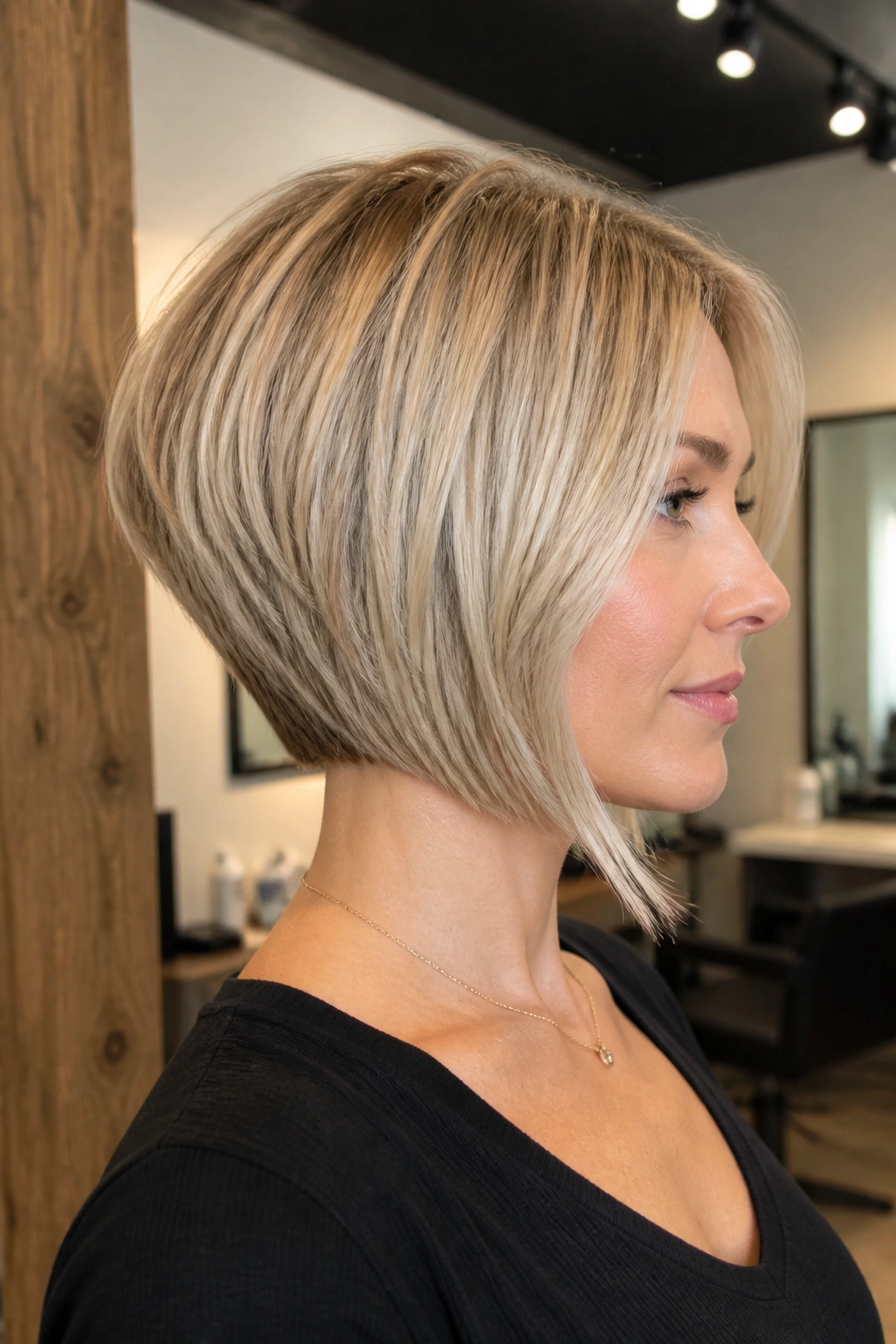 Three-quarter view of graduated bob with nape stacking on real woman