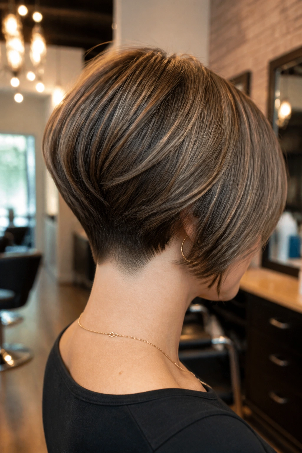 Rear three-quarter view of a real person displaying a Graduated Bob with Nape Taper.