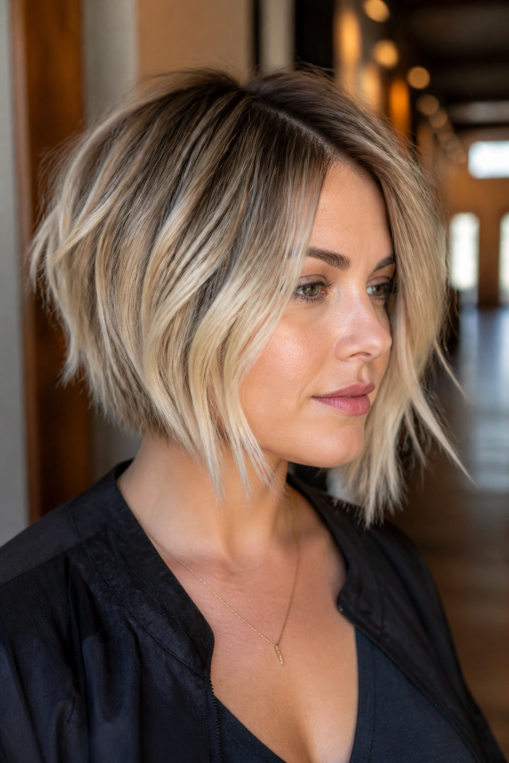 Real woman with graduated bob and piecey finish in blonde.