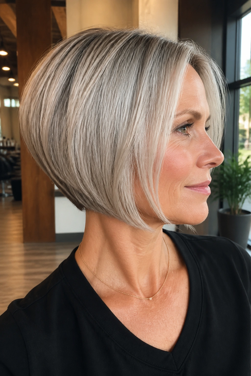 Close-up portrait of a real person with a graduated bob showing back lift and sleek silhouette