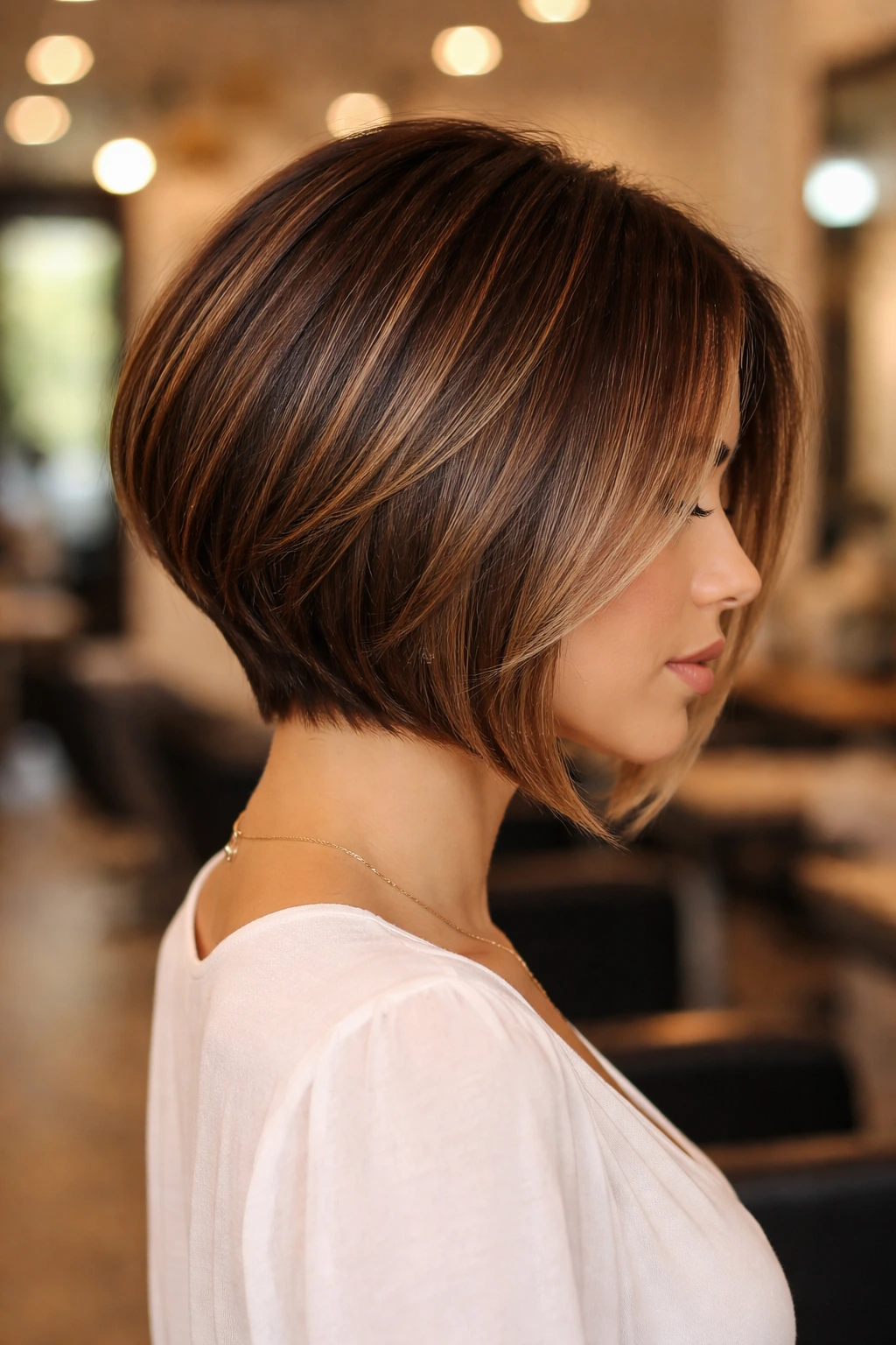 Portrait of a real person with a graduated bob showing stacked back