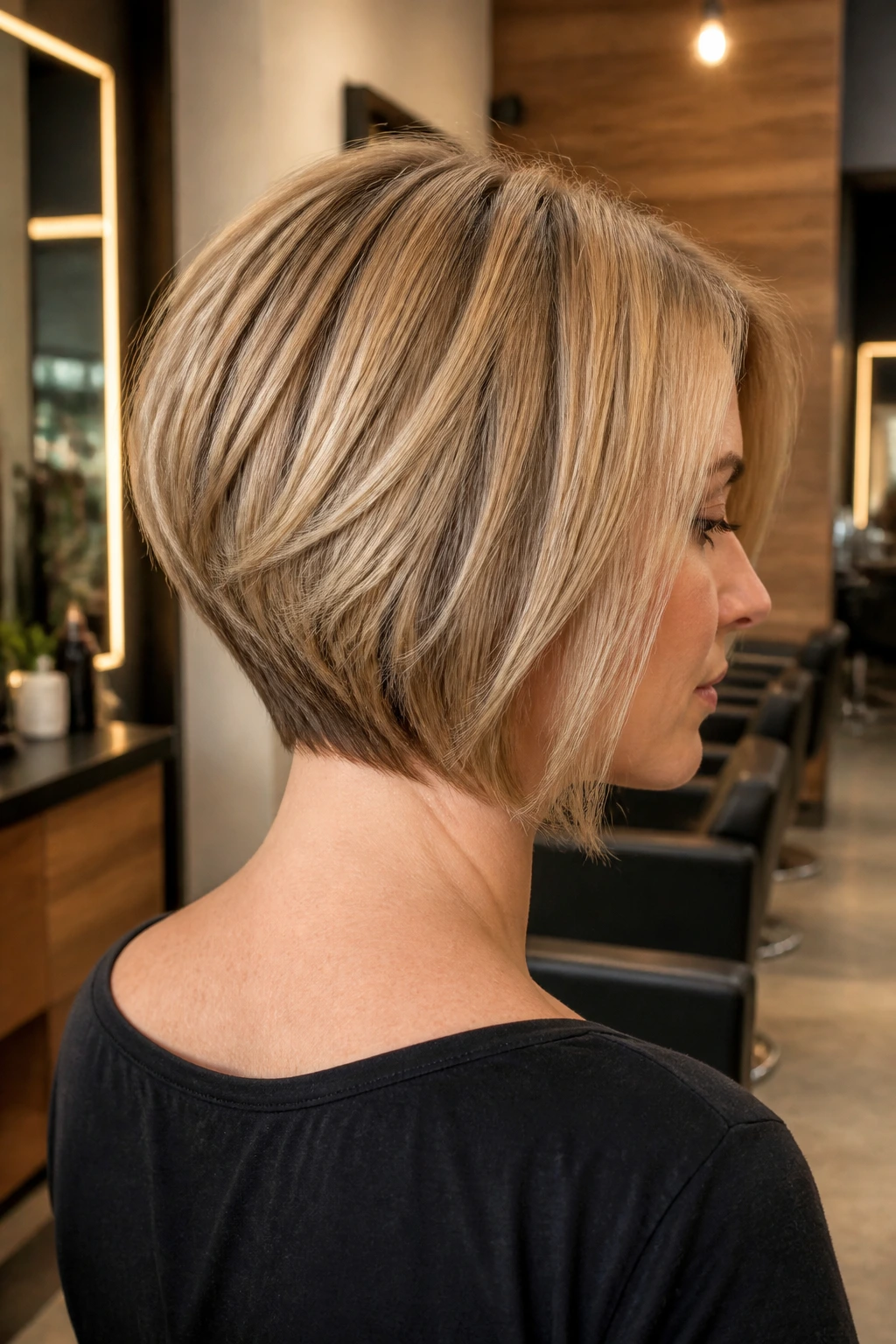 Portrait showing graduated back layers of a bob on a real person