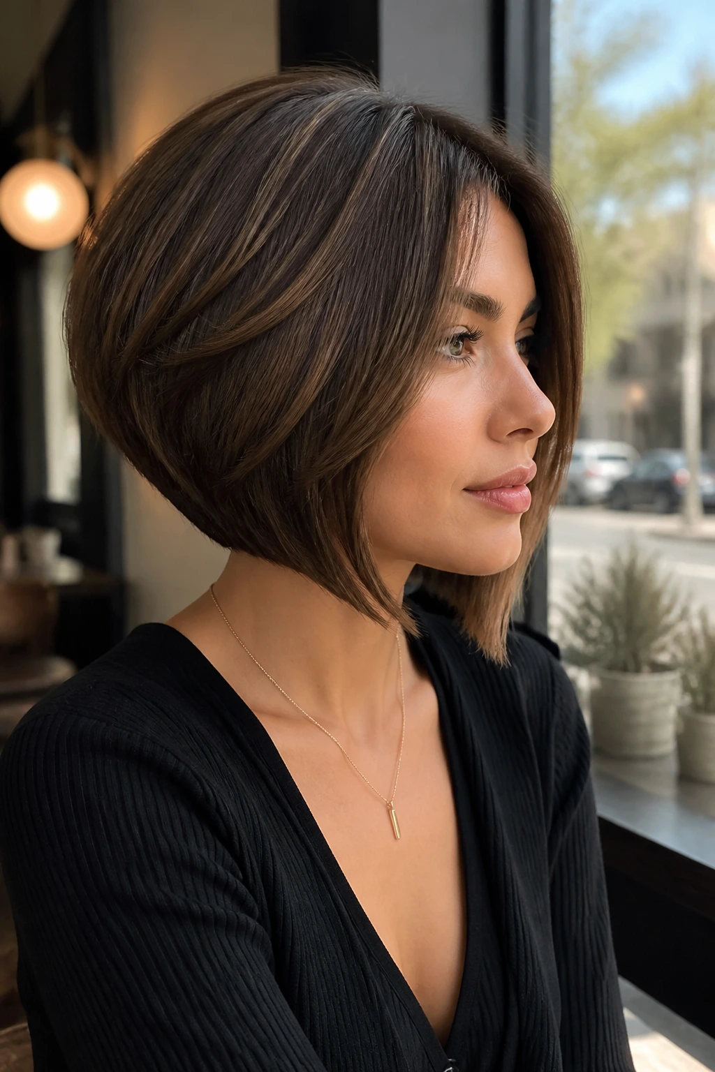 Close-up of a real woman with a graduated bob showing back slope and longer front.