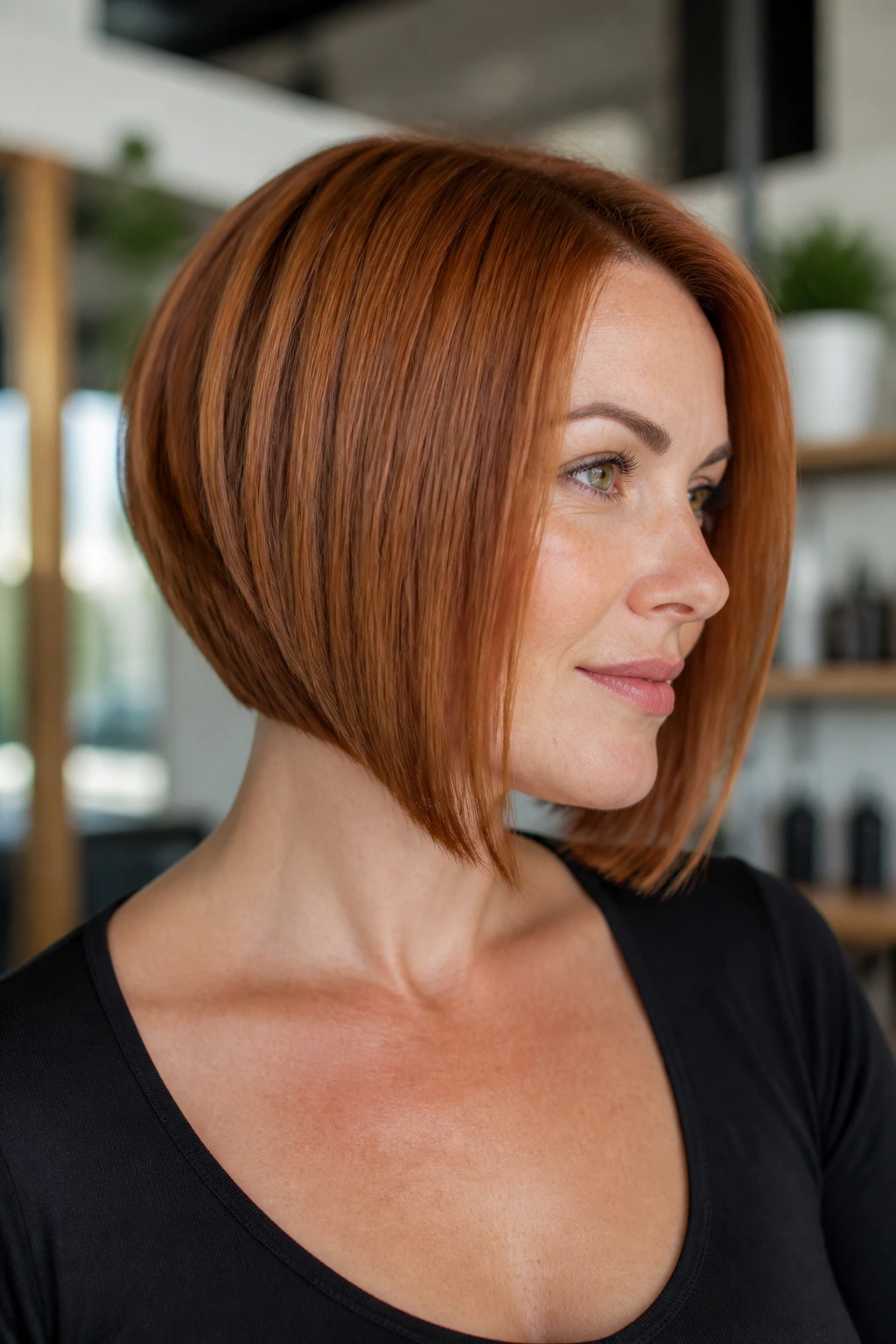 Close-up portrait of a real woman with a graduated bob and precision ends in auburn copper tones.