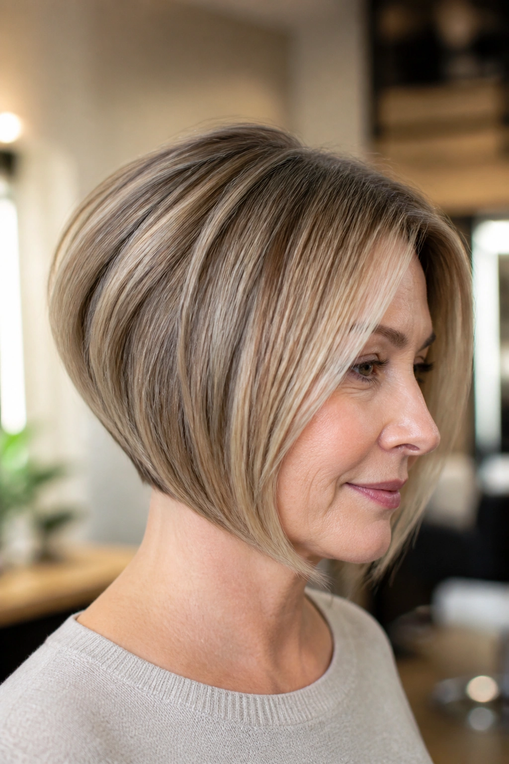 Close-up portrait of a real woman with a graduated bob and rounded crown