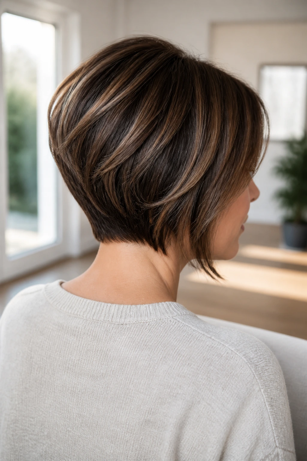 Rear three-quarter portrait of a real woman with graduated bob stacked back