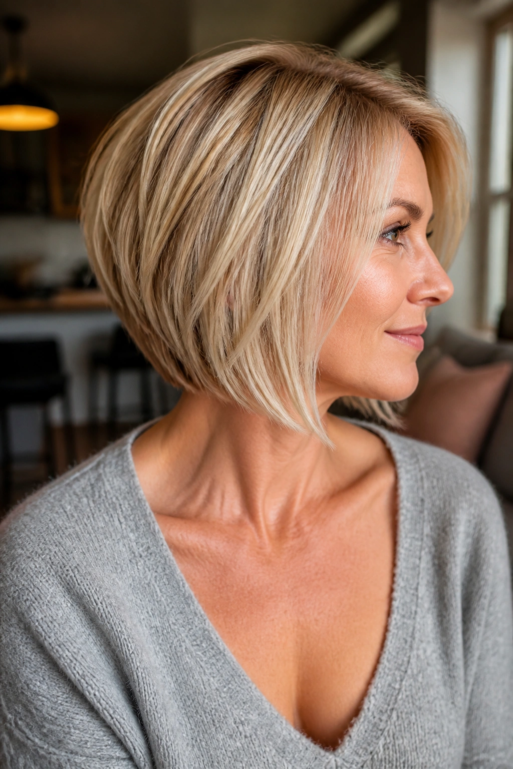 Real woman with graduated bob and light stacking close-up