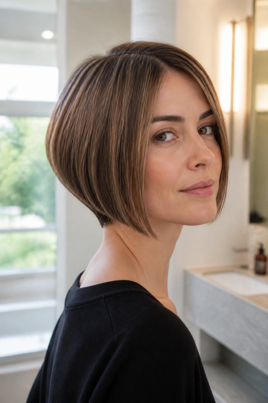 Three-quarter portrait of a real person with a graduated bob showing back weight and jaw-skimming front, in natural light