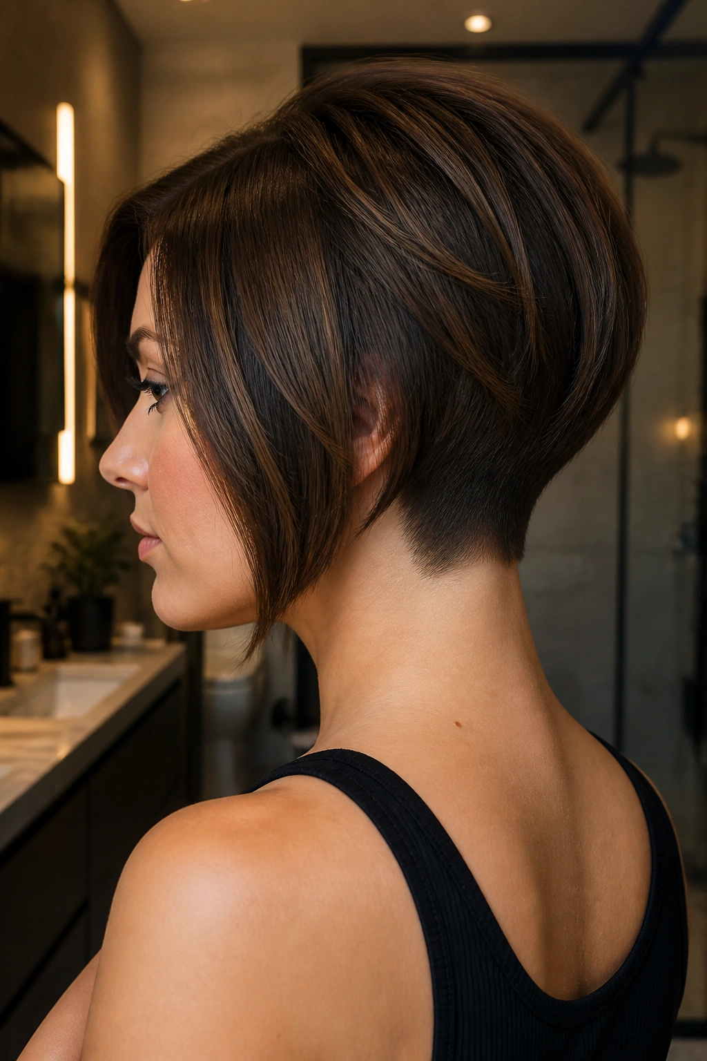 Real woman with graduated bob and undercut at the nape.