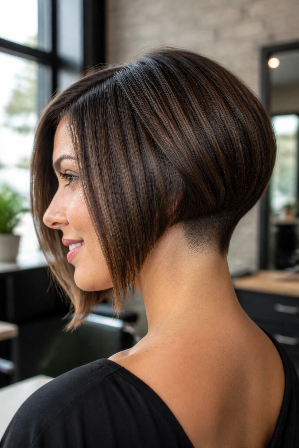 Close-up of a real woman with a graduated bob and hidden undercut