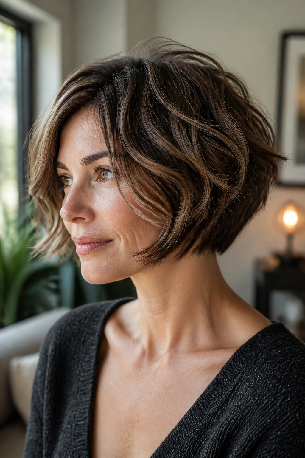 Close-up of a real person with a graduated bob and lifted back layers.