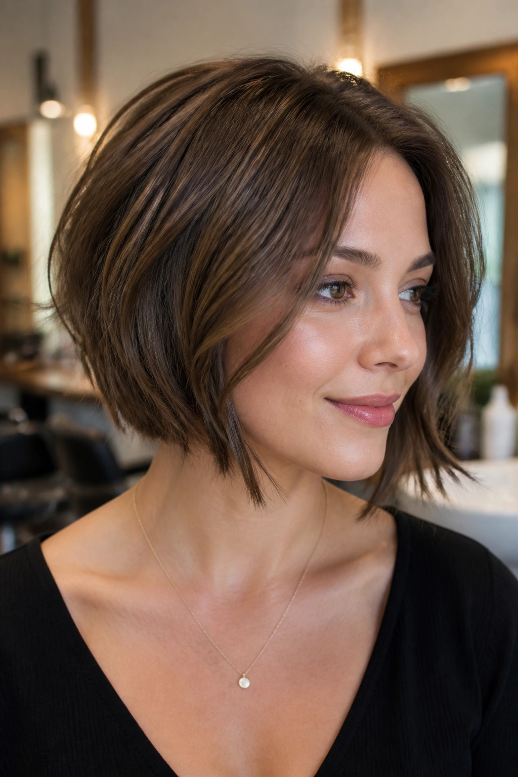 Close-up of a woman with a graduated bob and wispy ends in a salon setting