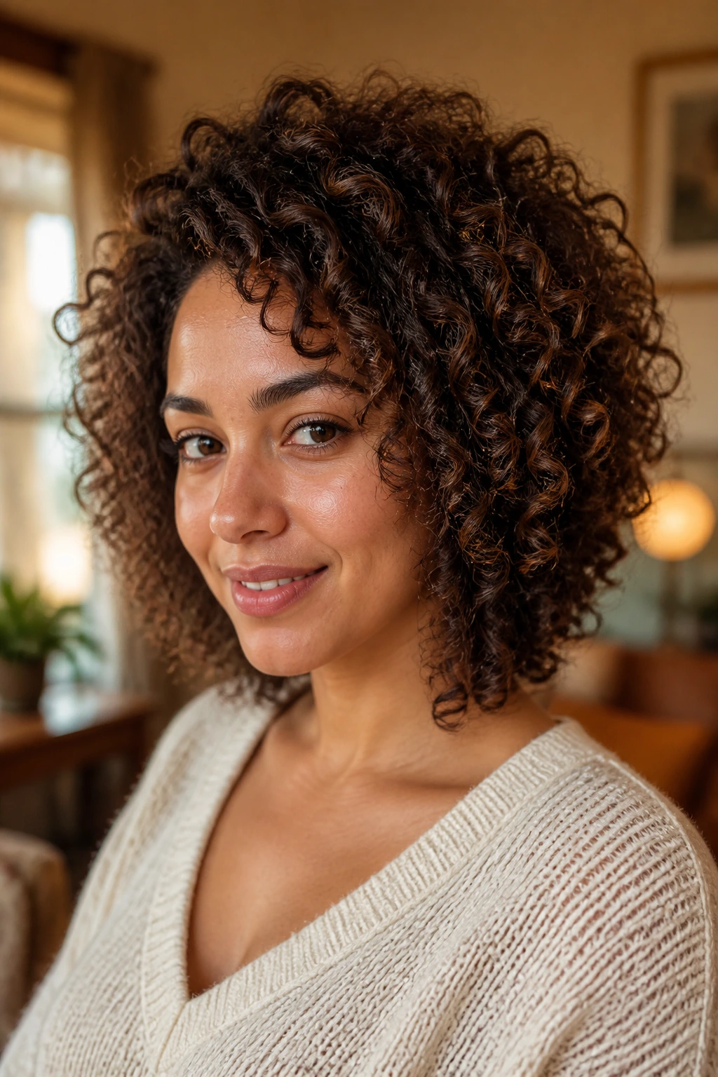 Close-up of a real woman wearing a graduated cut for natural curls with lifted crown.