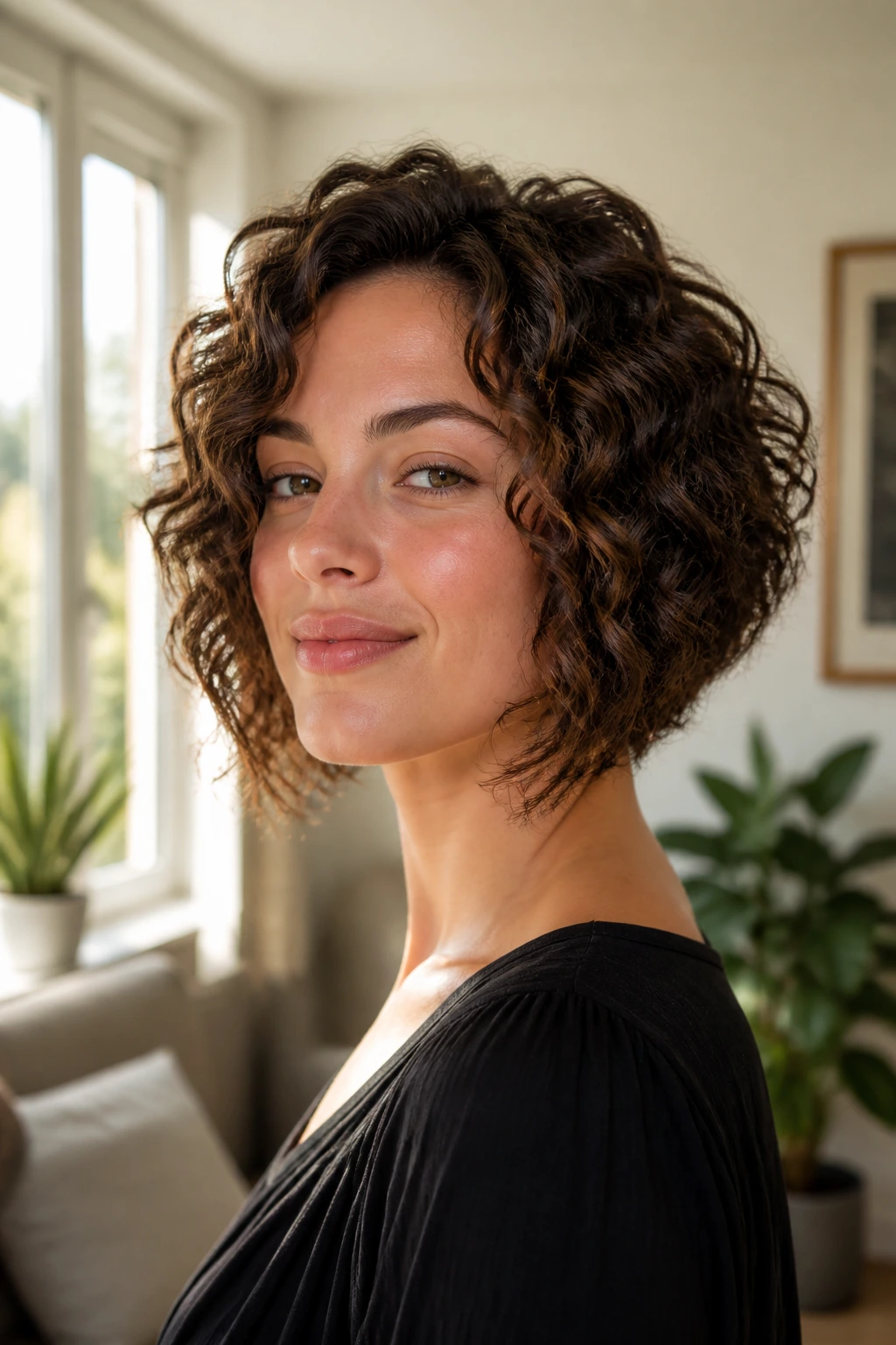 Close-up of a real woman with a graduated curly bob showing stacked back and longer front pieces forming a subtle V shape