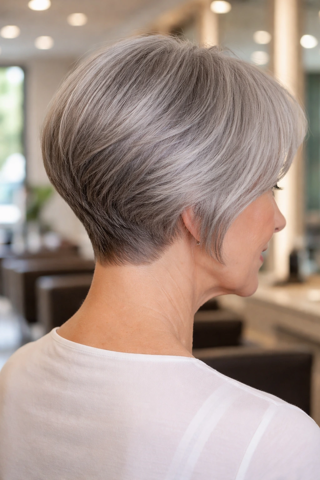 Portrait of a woman with graduated cut and tapered neck; back shortened, sides longer.