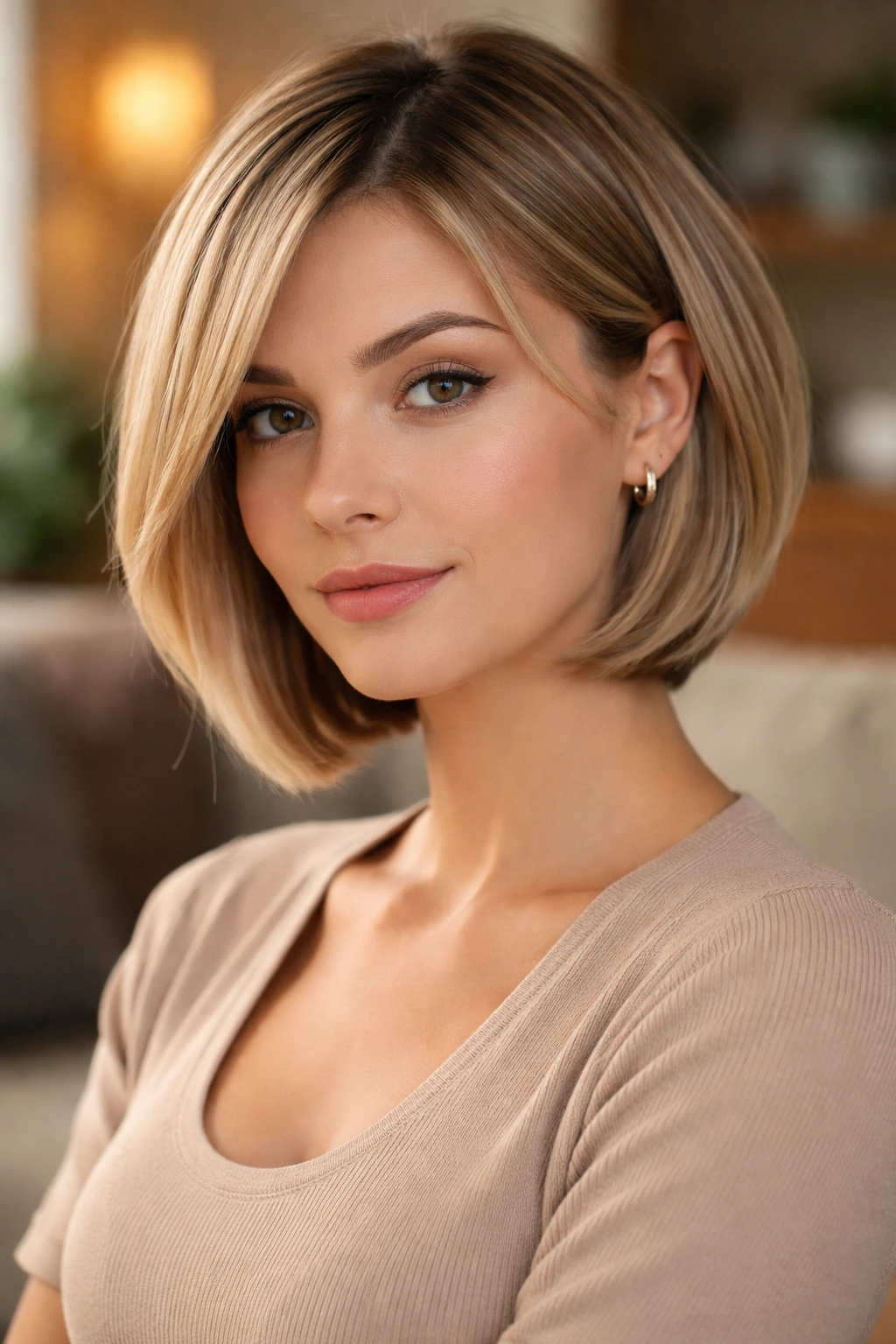 Portrait of a real woman with a face-framing graduated bob