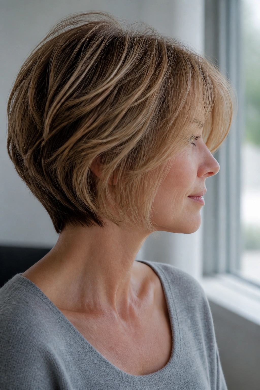 Real woman with graduated feathered bob showing stacked back and feathered crown
