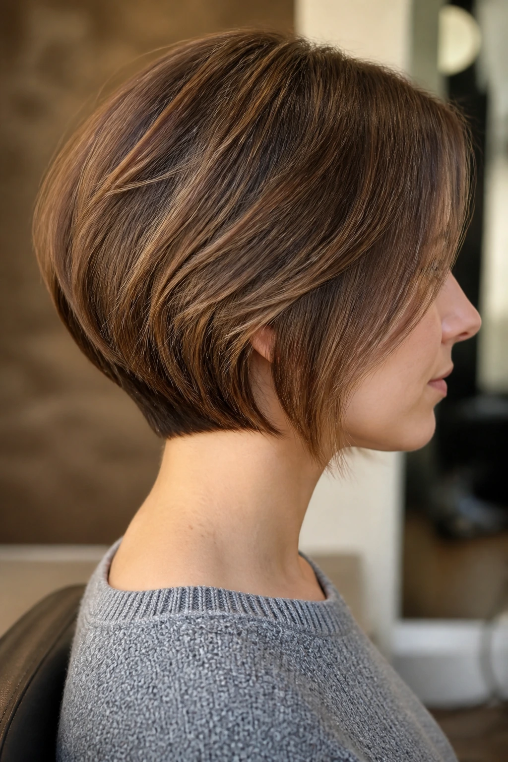 Side profile of a real woman with a graduated French bob stacking at the back
