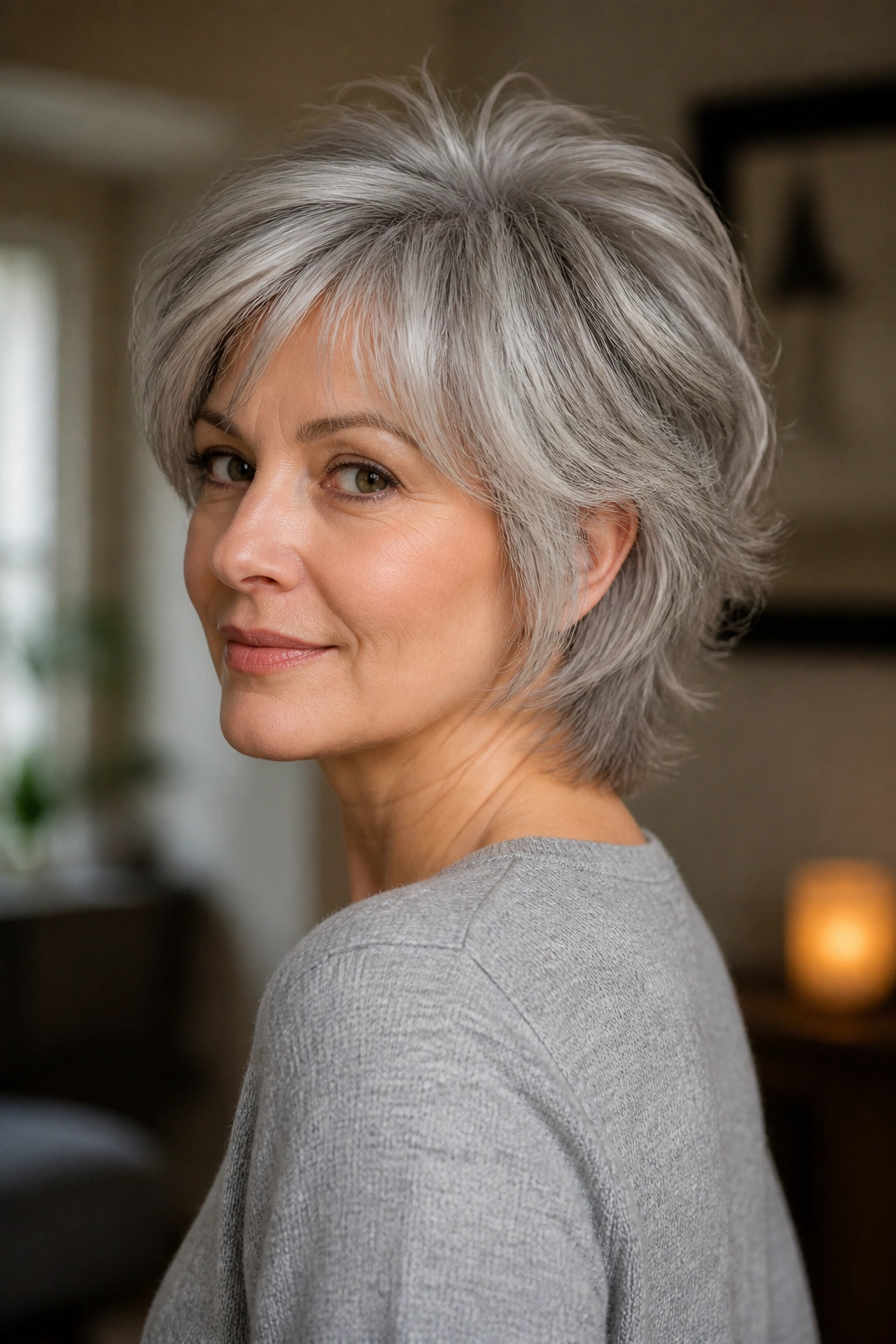 Three-quarter portrait of a real woman with graduated gray shag and crown lift