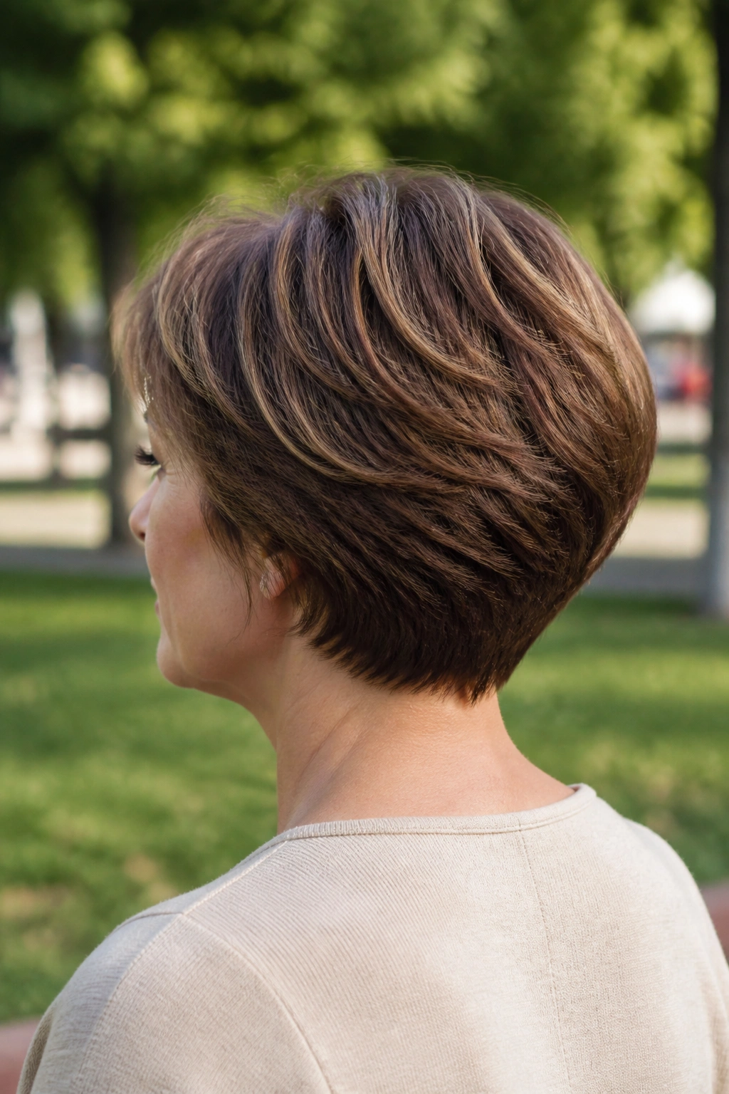 Back view of graduated layers creating controlled bulk in thick hair