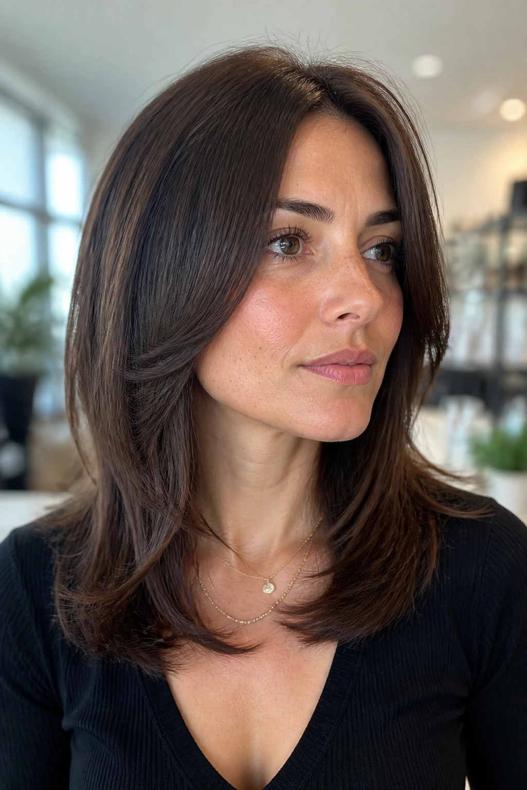 Real woman with graduated layers easing the cheek line