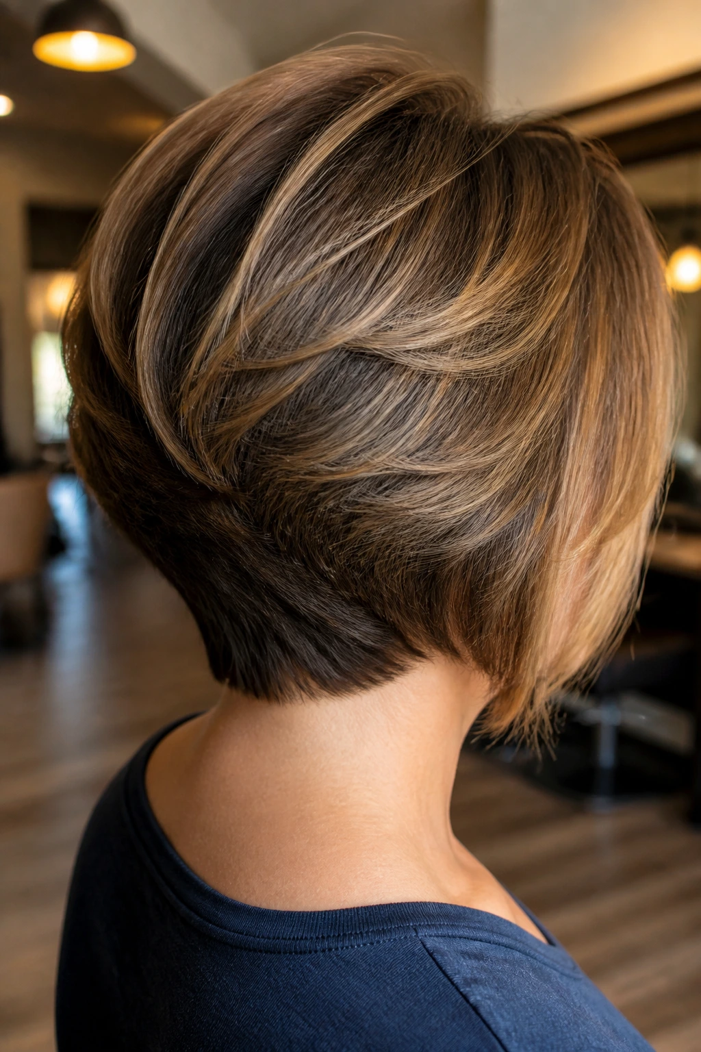 Back view of a real woman with graduated layers and lifted back in thick hair