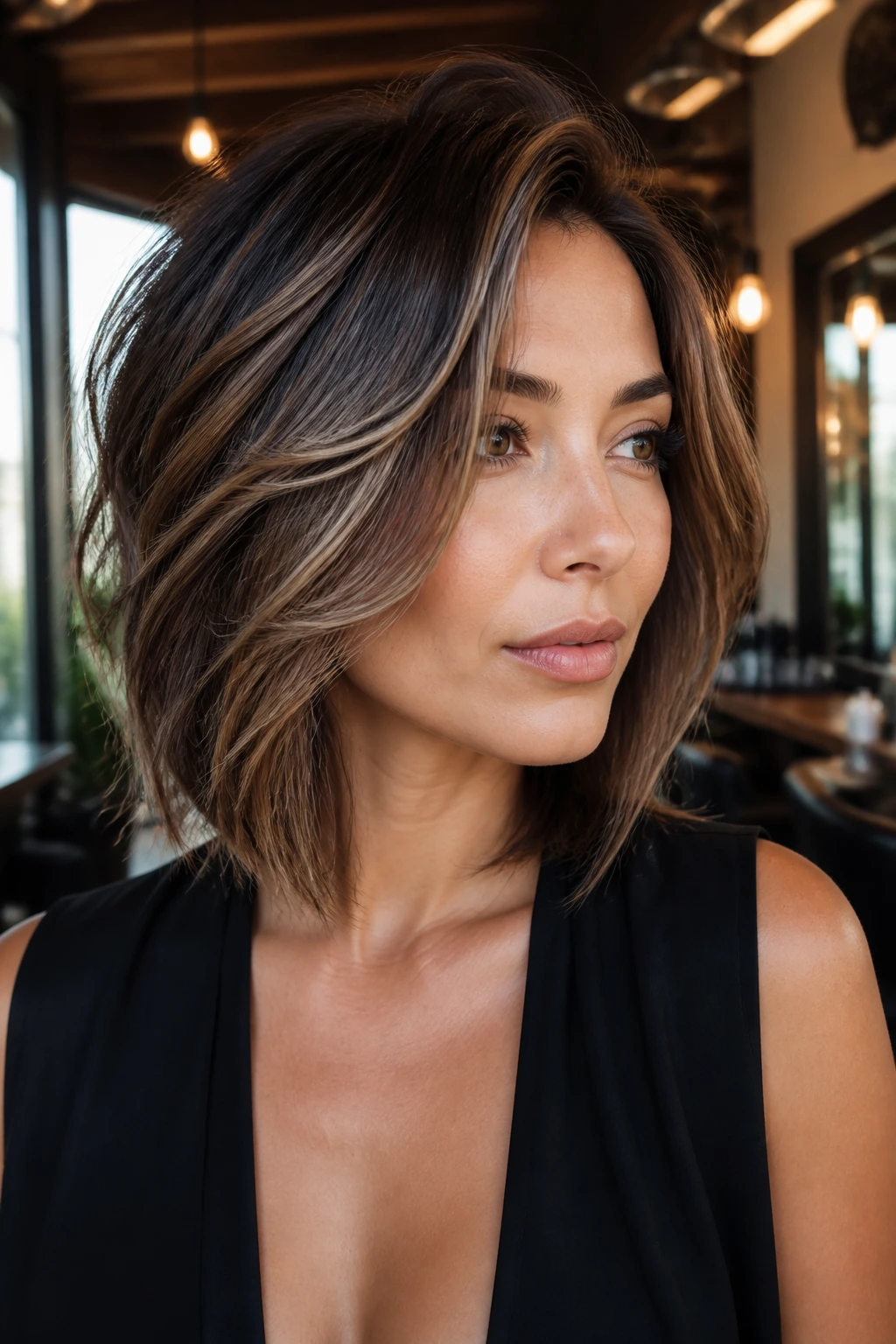 Close-up portrait of a real woman with a graduated lob and overdirected layers, warm salon backdrop.