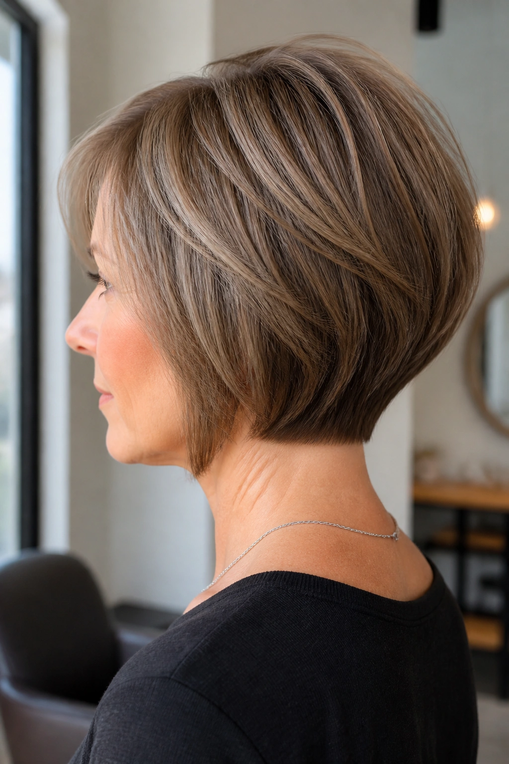 Portrait of woman with graduated nape bob micro-layers