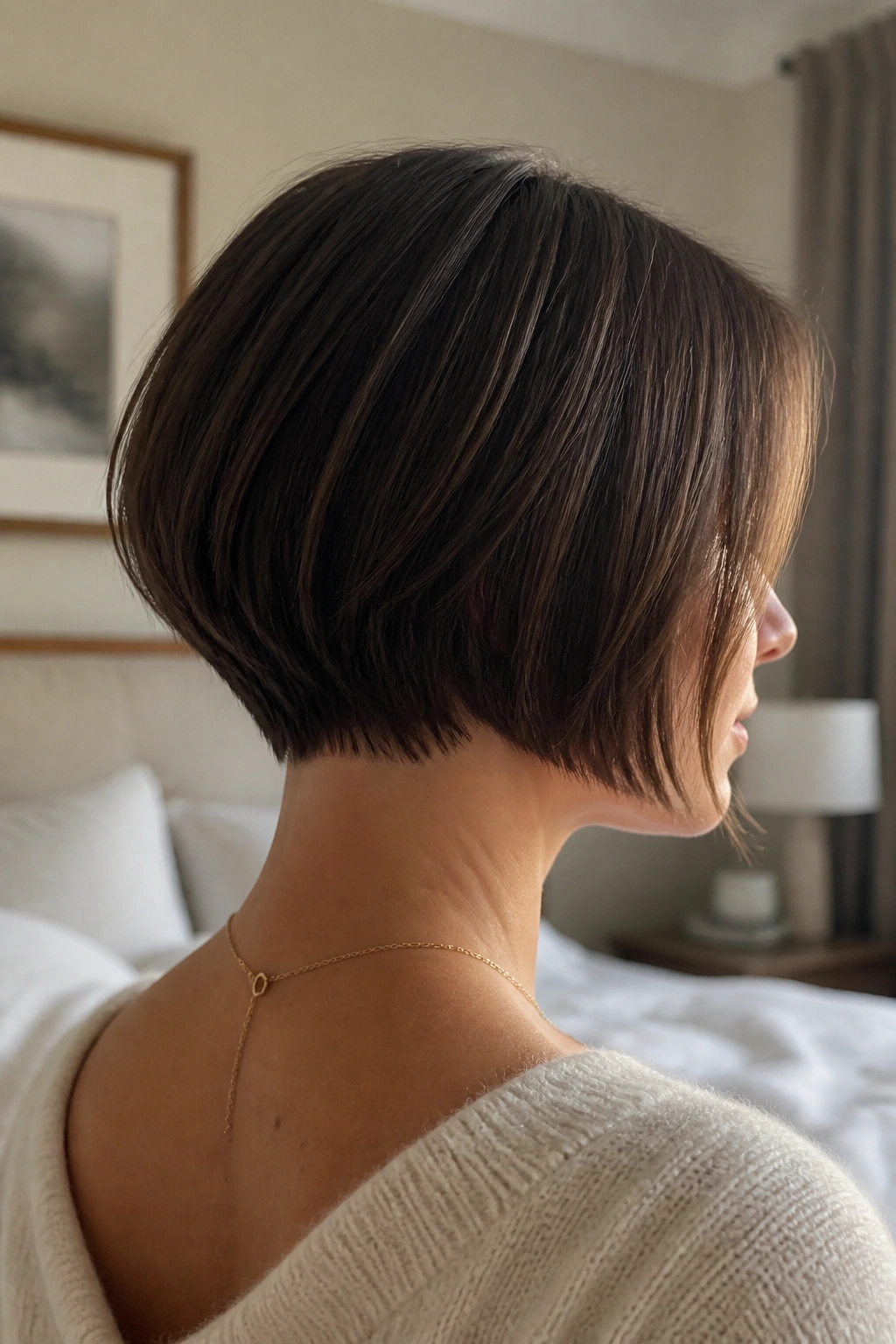Rear-side portrait showing graduated nape French bob