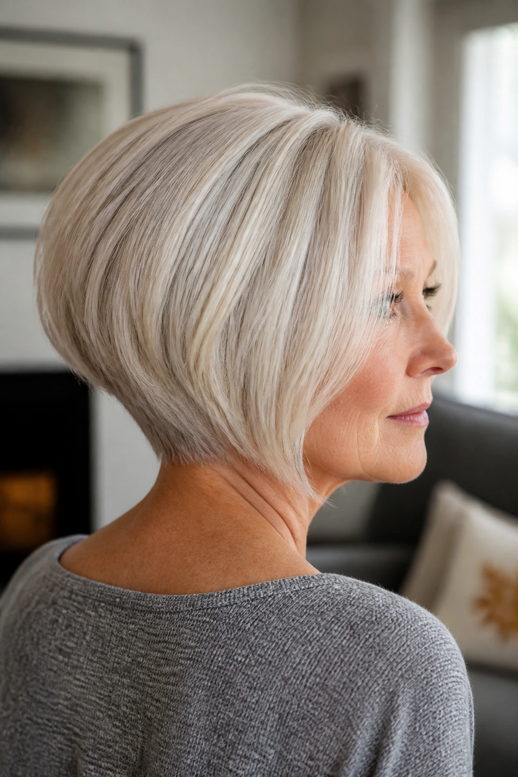 Portrait of real woman with graduated nape bob in platinum.