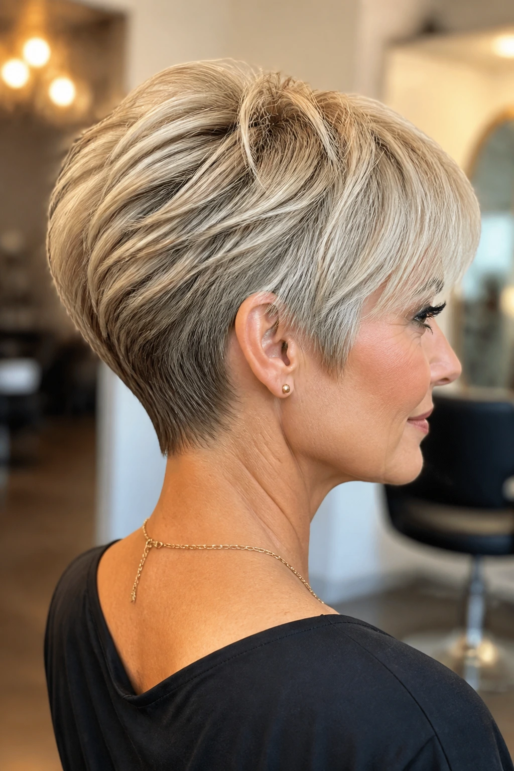 Back view of a real woman with a graduated pixie showing subtle crown stacking and a gentle lift at the back.