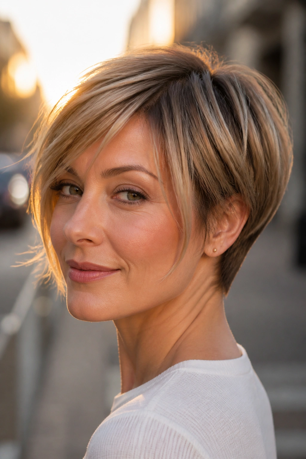 Portrait of a woman with a graduated pixie bob in golden hour light.