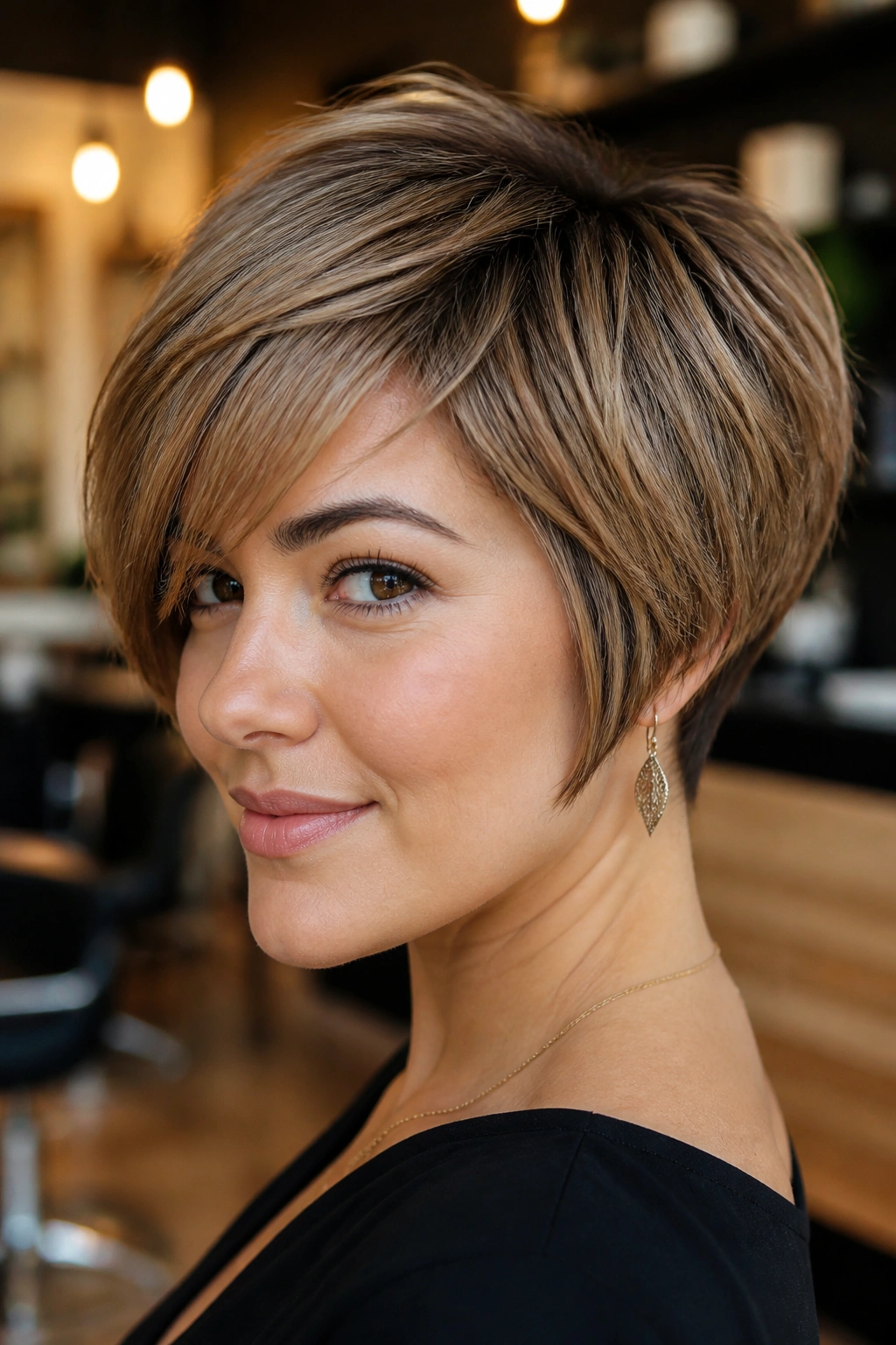 Close-up of a real person with a graduated pixie bob hairstyle