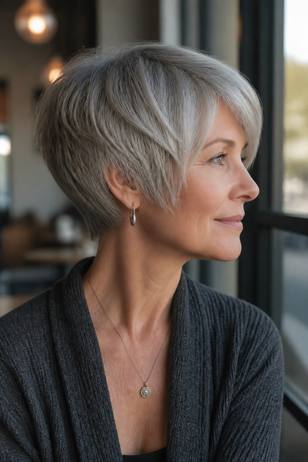 Close-up portrait of a real person with graduated pixie bob in silver