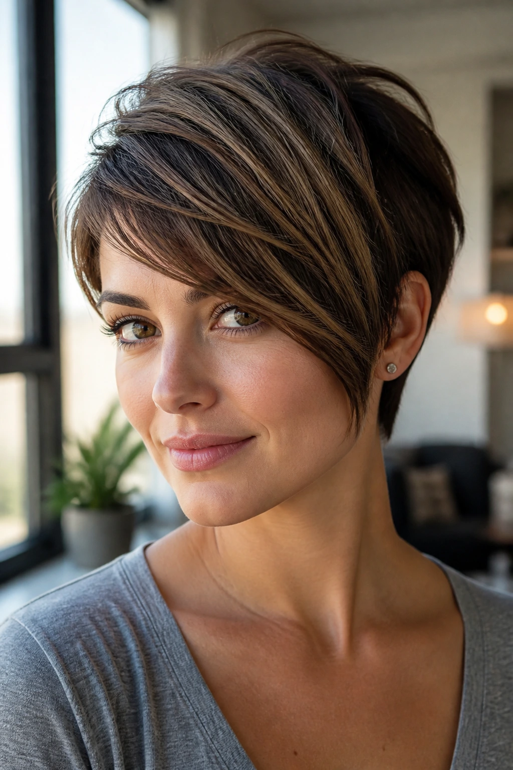 Real person with graduated pixie-bob and sweeping bang in soft window light