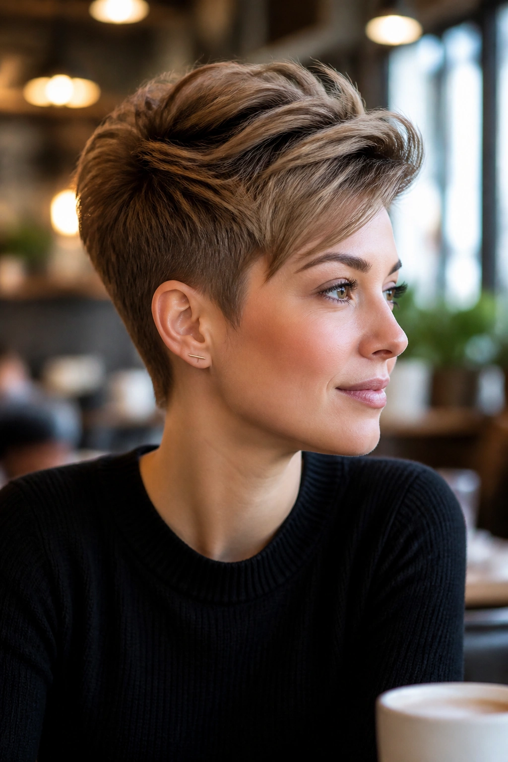 Close-up of woman with graduated pixie longer top in cafe lighting
