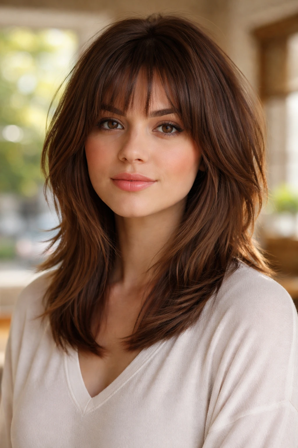 Head-and-shoulders portrait of a real woman with graduated shag framing the face