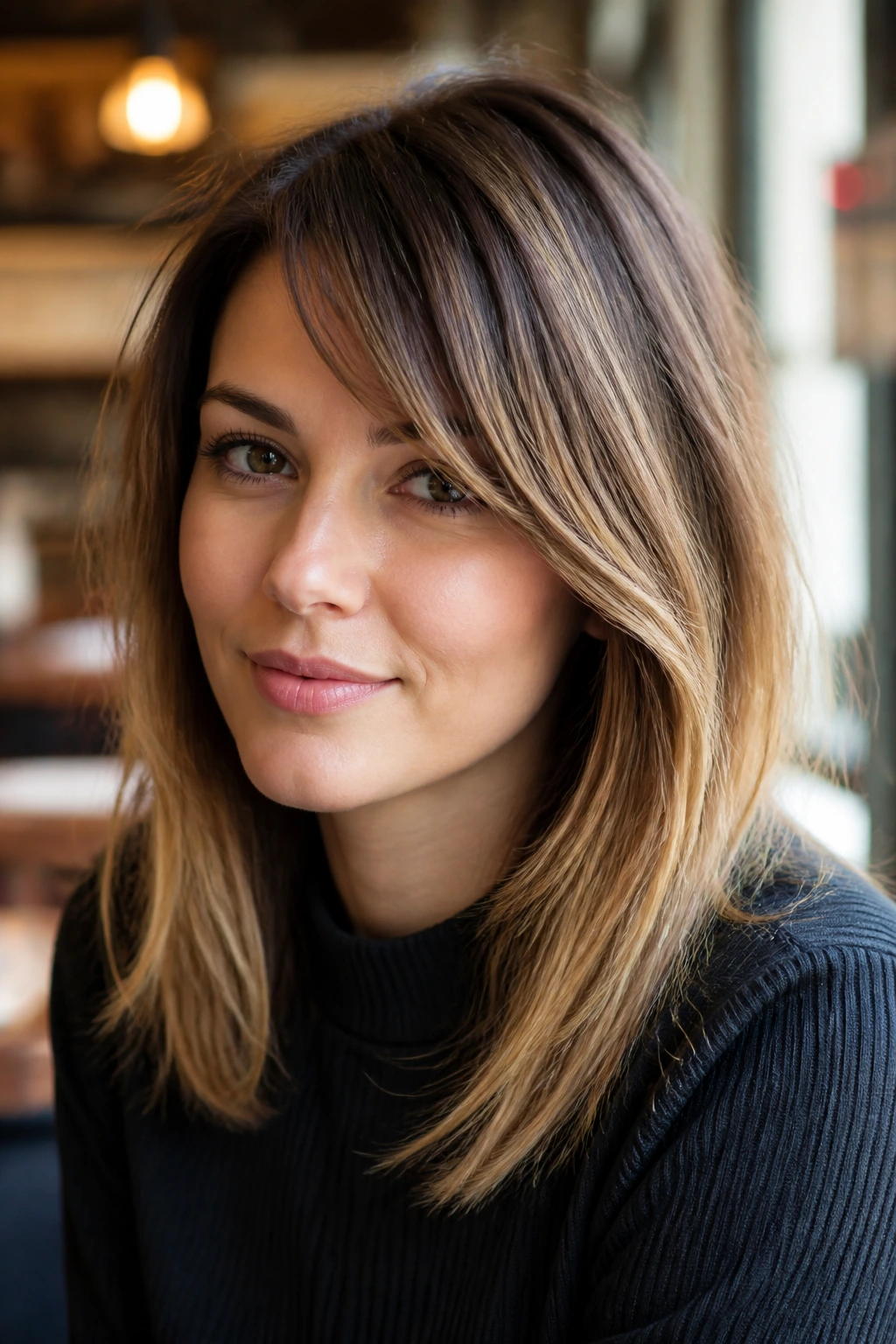 Close-up of real woman with graduated side bangs framing face