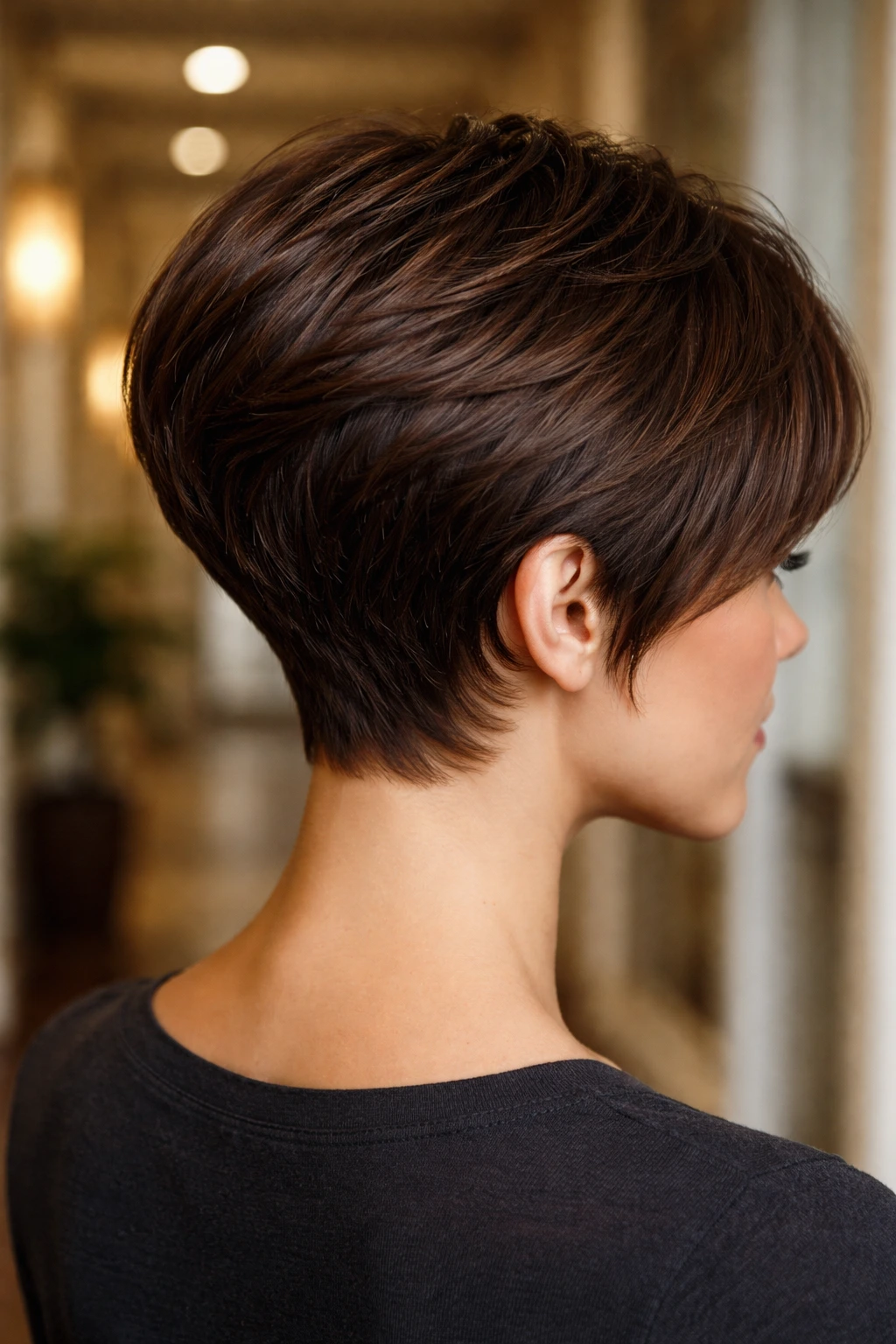 Three-quarter rear portrait of brunette with graduated stack pixie hairstyle
